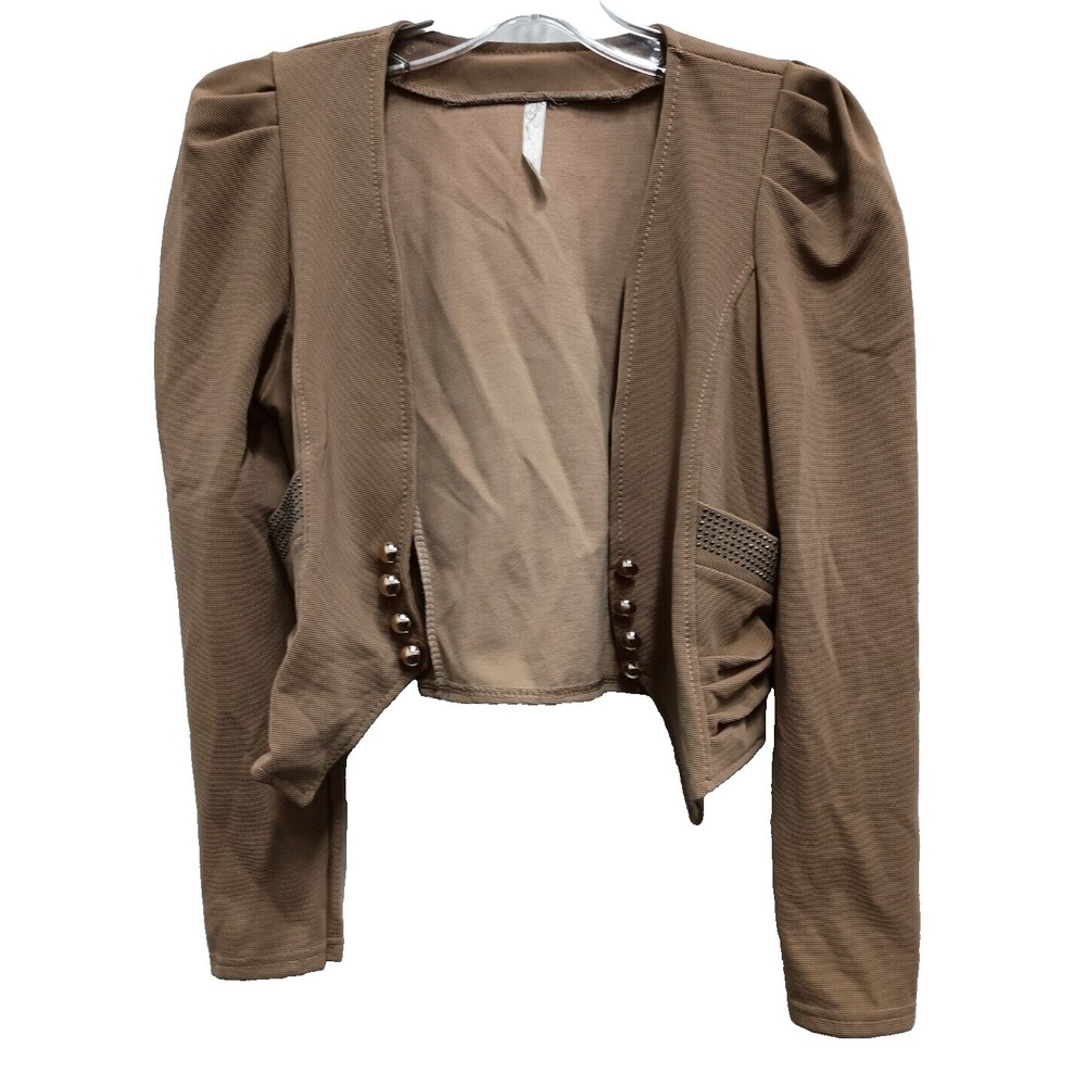 Vintage Y2K G2S Blazer Womens Small Tan Cropped Puff Sleeve Studded Open Jacket